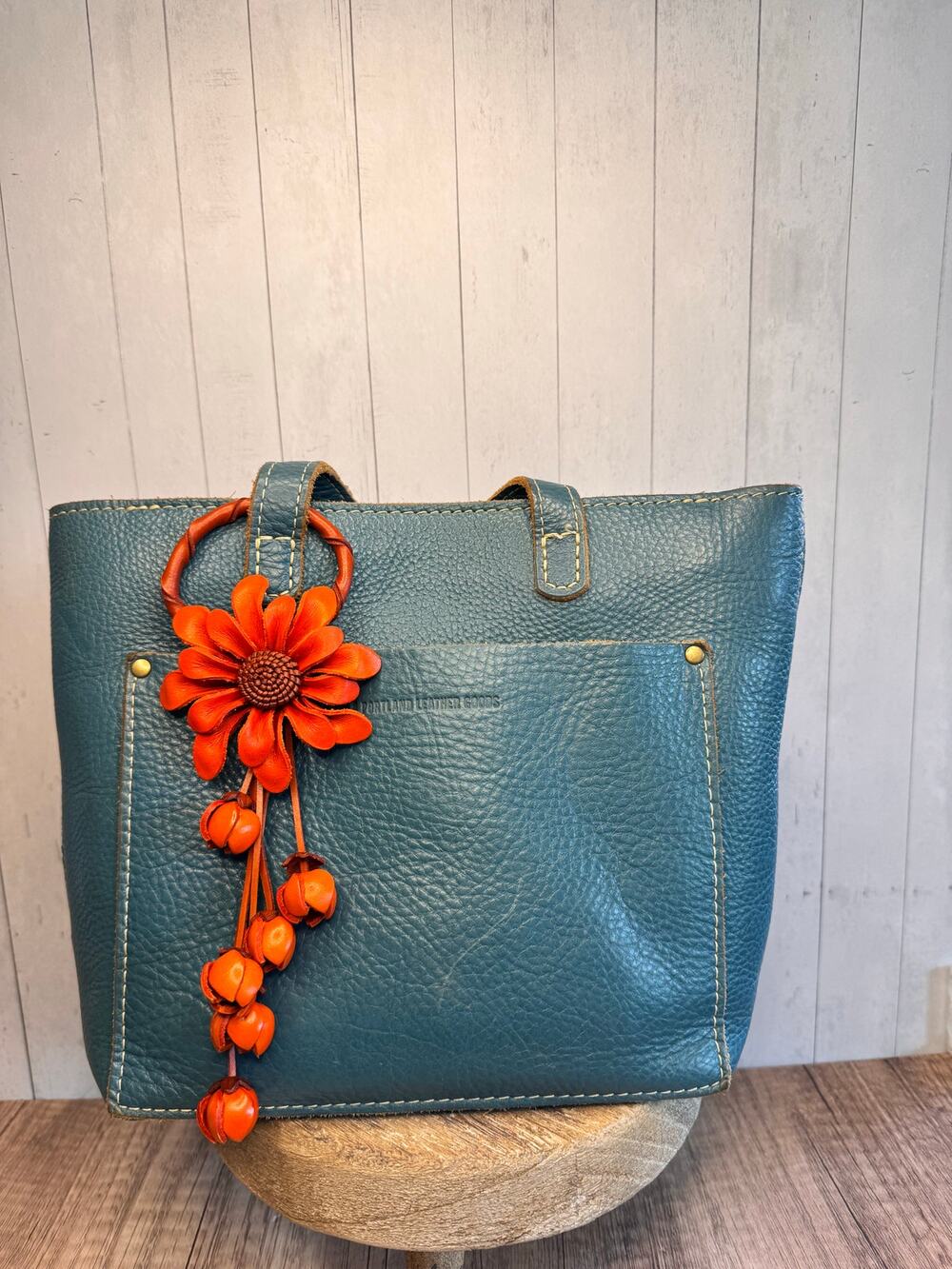 Leather Mum Flower Dahlia Orange  Purse Charm Genuine Leather Flower Bag Charm